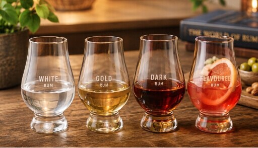 4 glaasjes rum op een rij: van witte, tot gold, tot dark tot flavoured op een tafel